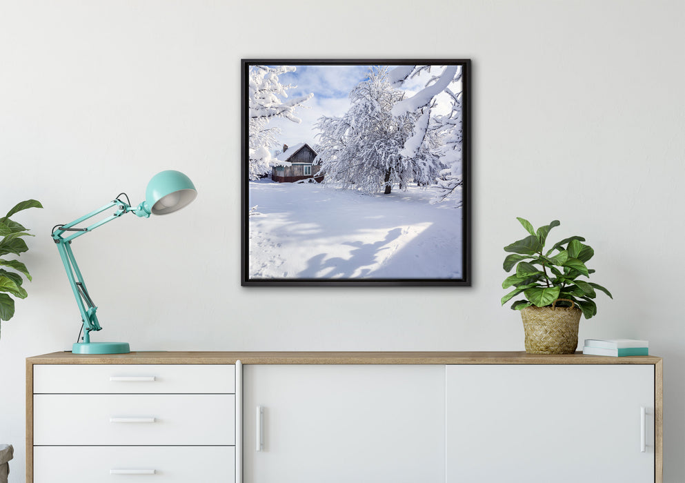 Winterlandschaft mit Hütte auf Leinwandbild gerahmt Quadratisch verschiedene Größen im Wohnzimmer