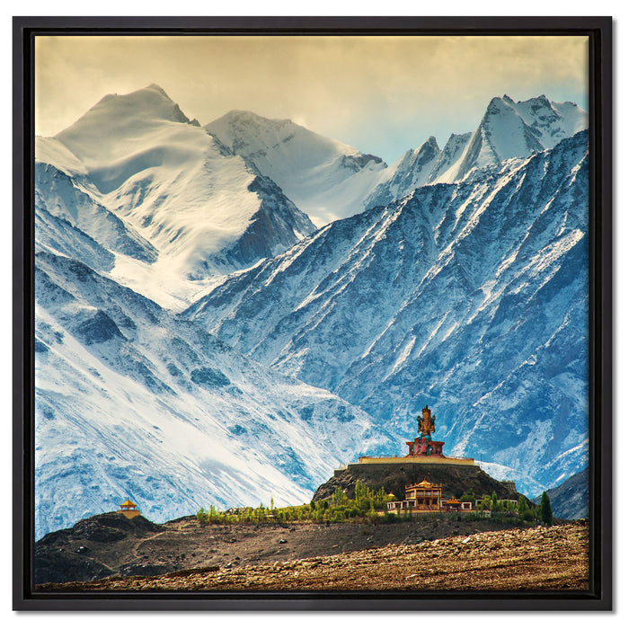 Tempel an Bergen in Tibet auf Leinwandbild Quadratisch gerahmt Größe 60x60