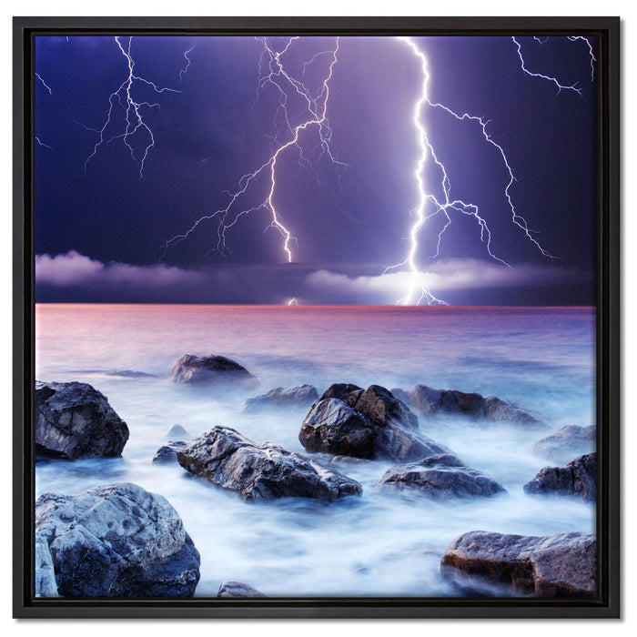 Blitzeinschlag in Meer auf Leinwandbild Quadratisch gerahmt Größe 60x60