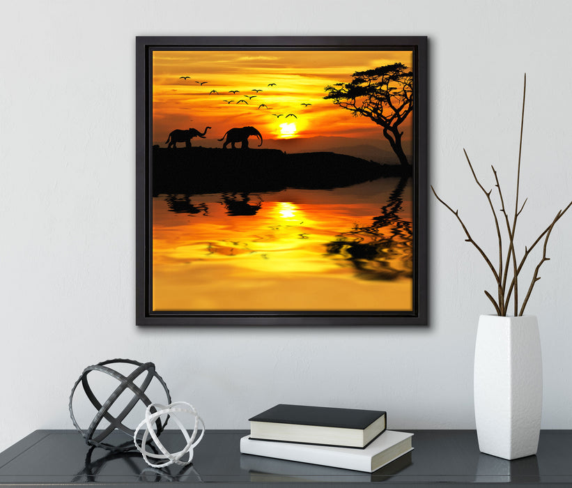 Elefanten in Afrikanischer Steppe  auf Leinwandbild Quadratisch gerahmt mit Kirschblüten