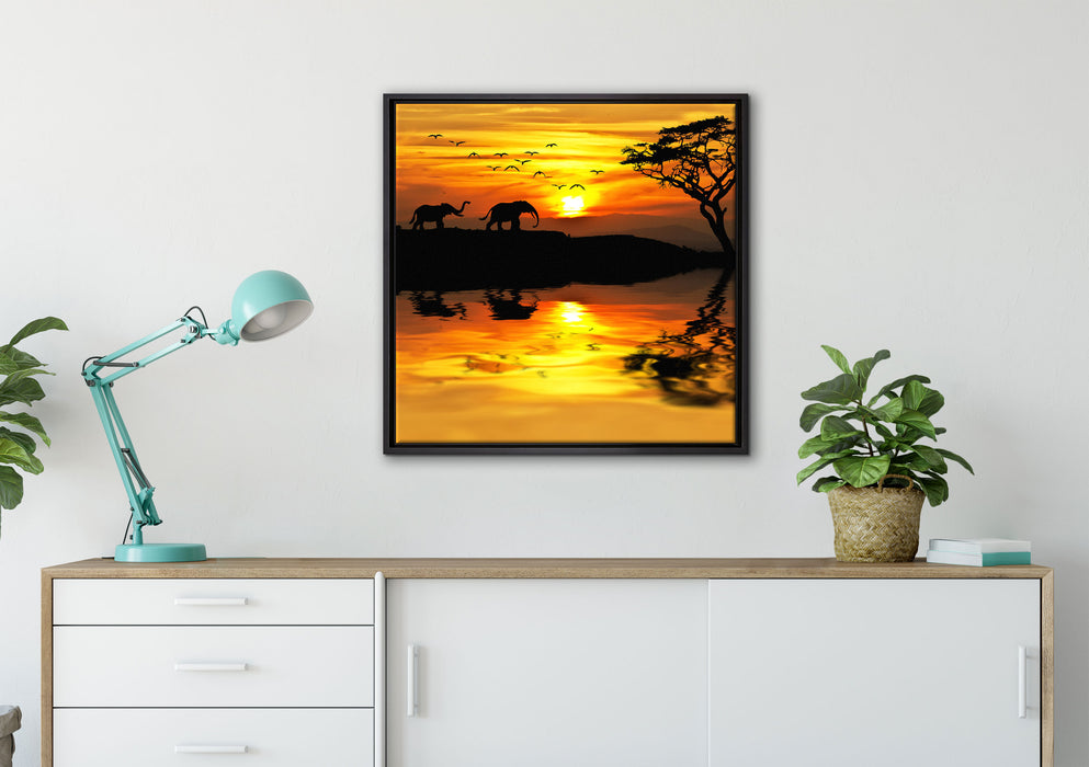 Elefanten in Afrikanischer Steppe auf Leinwandbild gerahmt Quadratisch verschiedene Größen im Wohnzimmer