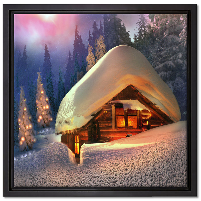 Hütte in Schneelandschaft auf Leinwandbild Quadratisch gerahmt Größe 40x40