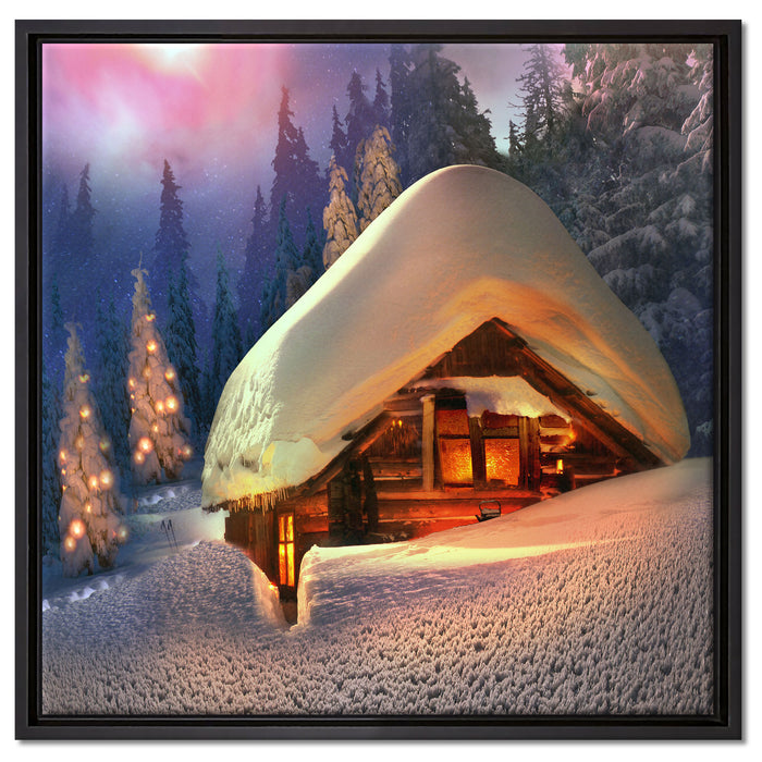 Hütte in Schneelandschaft auf Leinwandbild Quadratisch gerahmt Größe 60x60