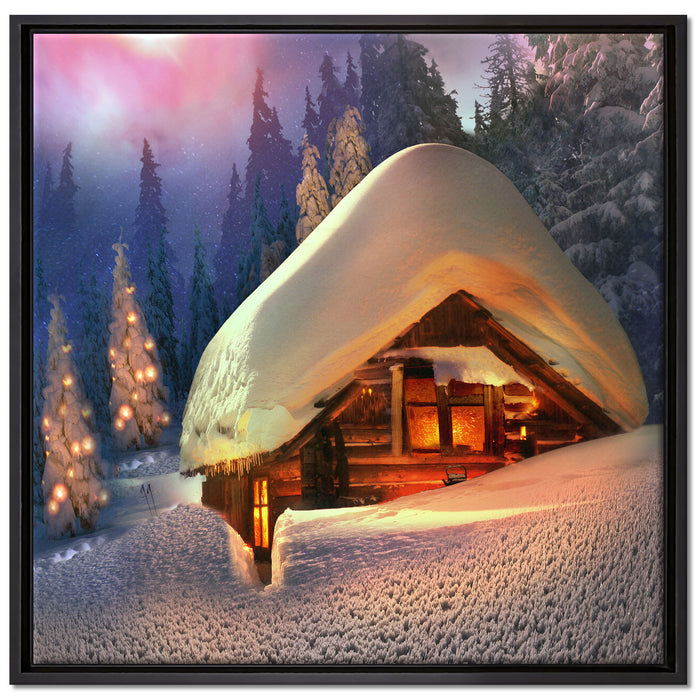Hütte in Schneelandschaft auf Leinwandbild Quadratisch gerahmt Größe 70x70