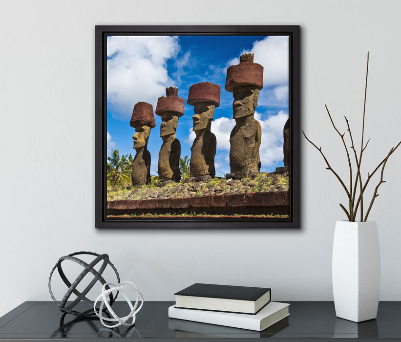 Moai Statuen Osterinseln  auf Leinwandbild Quadratisch gerahmt mit Kirschblüten