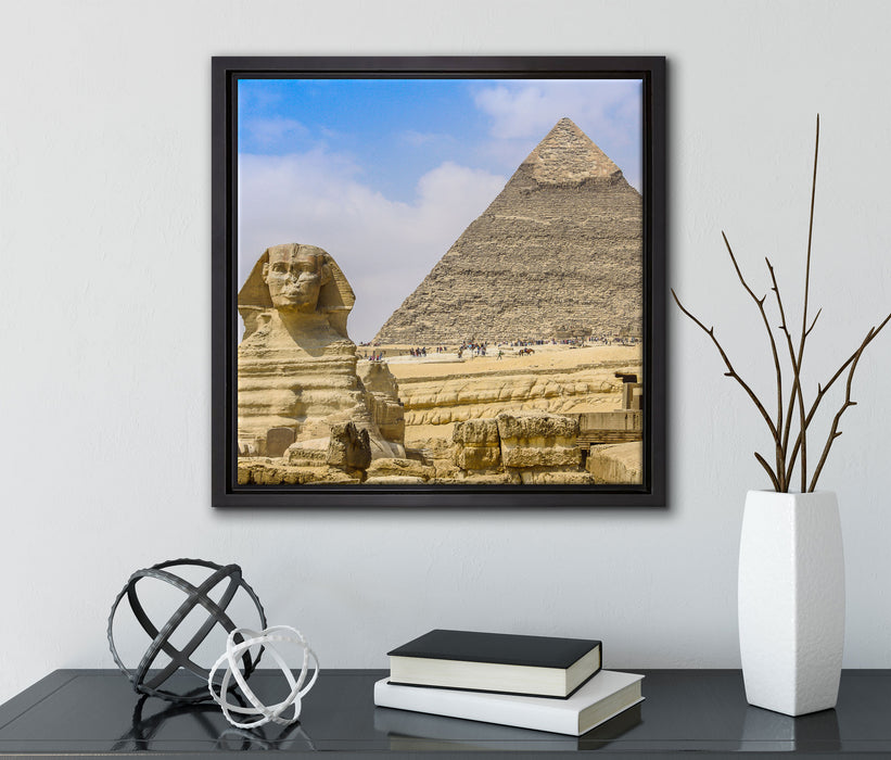 Sphinx von Gizeh mit Pyramide  auf Leinwandbild Quadratisch gerahmt mit Kirschblüten