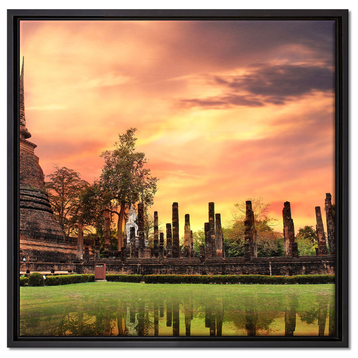 Buddha Tempel im Sonnenuntergang auf Leinwandbild Quadratisch gerahmt Größe 60x60