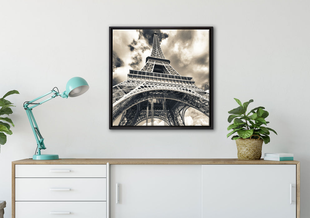 Prächtiger Eifelturm in Paris auf Leinwandbild gerahmt Quadratisch verschiedene Größen im Wohnzimmer