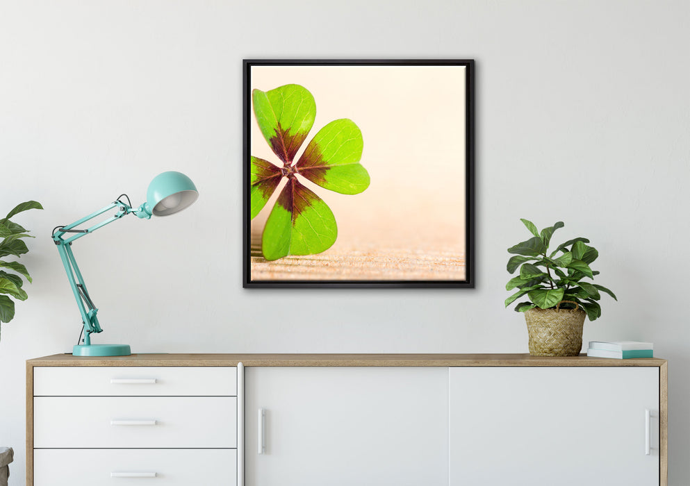 Glücks Kleeblatt mit 4 Blättern auf Leinwandbild gerahmt Quadratisch verschiedene Größen im Wohnzimmer