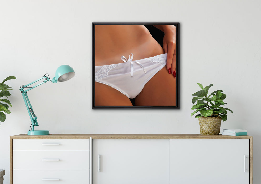 Sexy weiße Dessous auf Leinwandbild gerahmt Quadratisch verschiedene Größen im Wohnzimmer