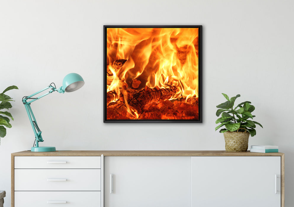 Gemütliches Holz im Feuer auf Leinwandbild gerahmt Quadratisch verschiedene Größen im Wohnzimmer