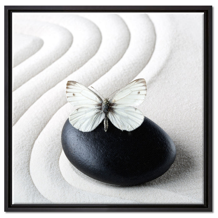 Schmetterling auf Zen Stein auf Leinwandbild Quadratisch gerahmt Größe 60x60