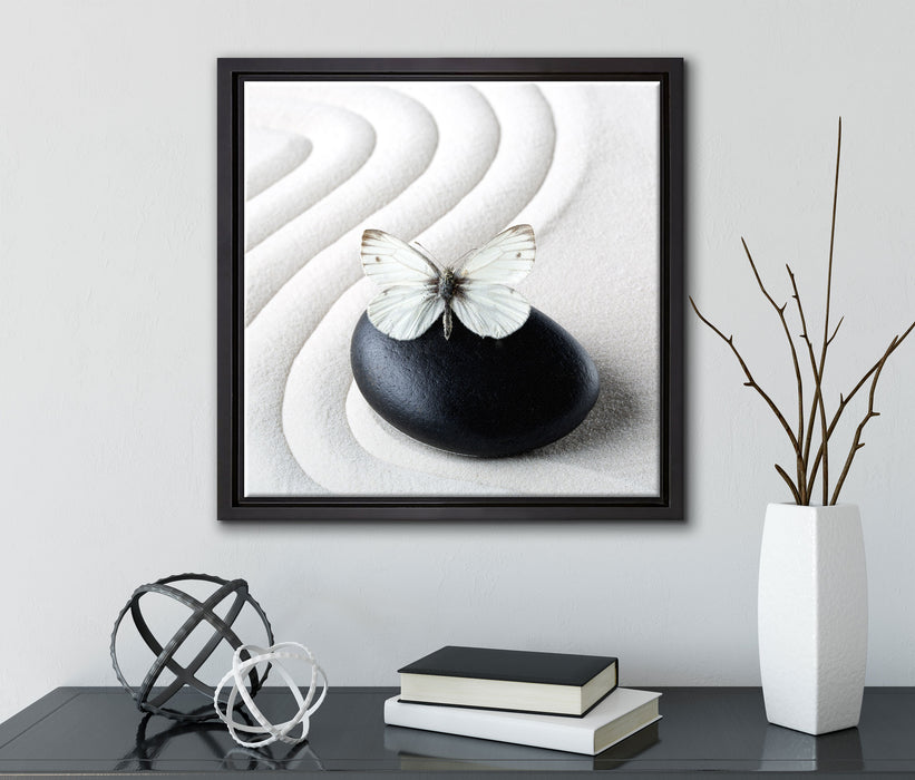 Schmetterling auf Zen Stein  auf Leinwandbild Quadratisch gerahmt mit Kirschblüten