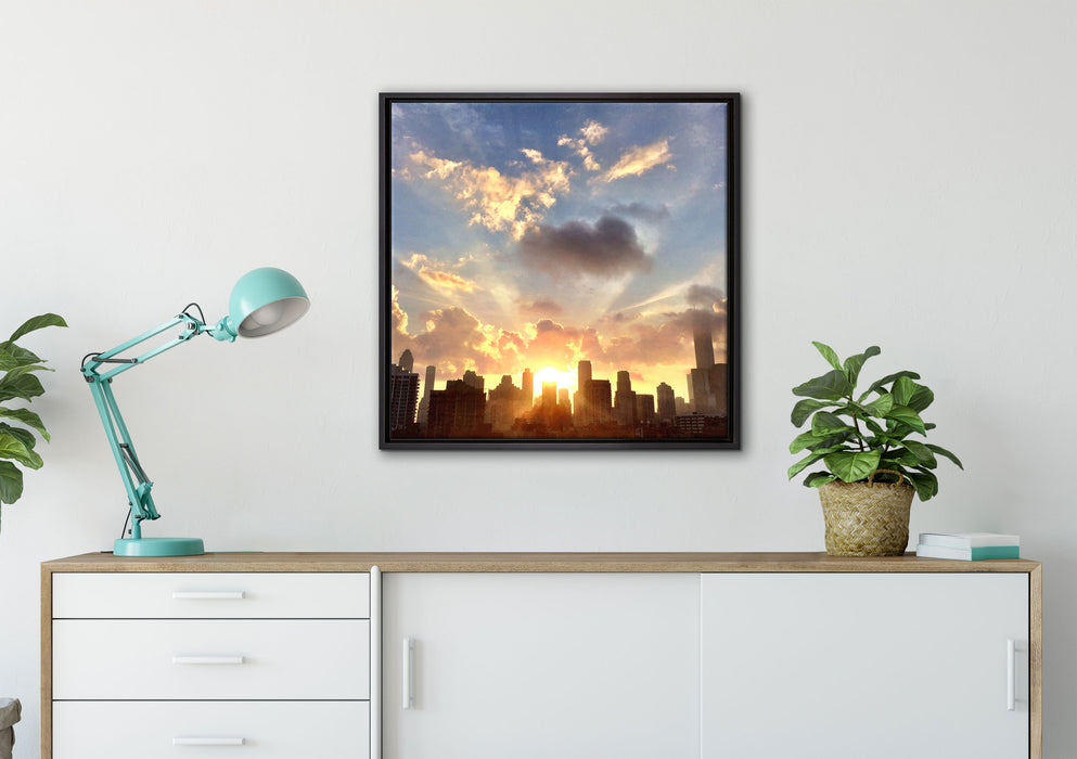 Chicago Skyline im Sonnenaufgang auf Leinwandbild gerahmt Quadratisch verschiedene Größen im Wohnzimmer