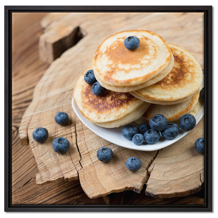 Pancakes mit Blaubeeren auf Leinwandbild Quadratisch gerahmt Größe 60x60