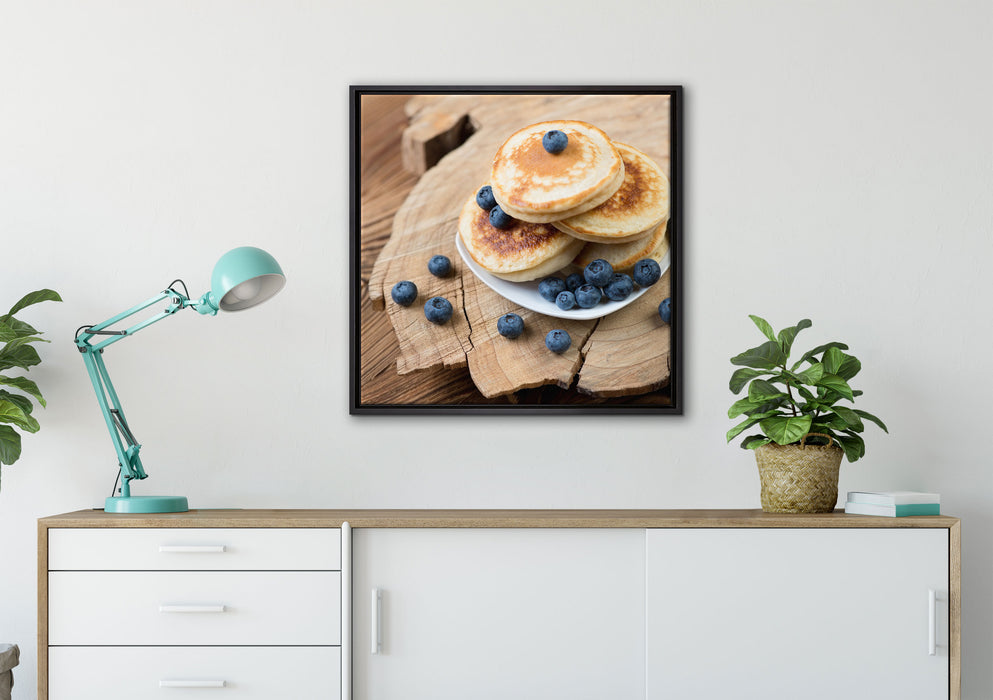 Pancakes mit Blaubeeren auf Leinwandbild gerahmt Quadratisch verschiedene Größen im Wohnzimmer