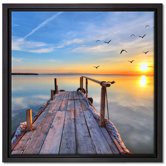 Steg mit Möwen bei Sonnenuntergang auf Leinwandbild Quadratisch gerahmt Größe 40x40