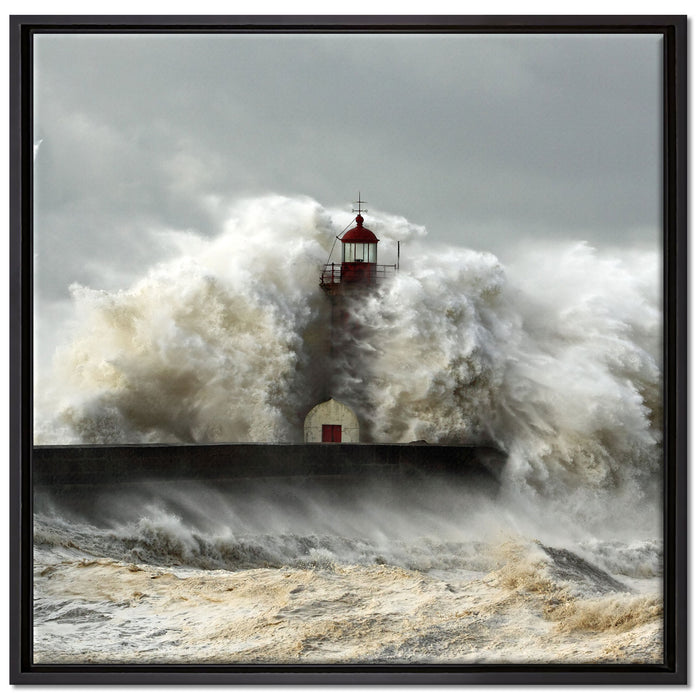 Leuchtturm im Sturm auf Leinwandbild Quadratisch gerahmt Größe 70x70