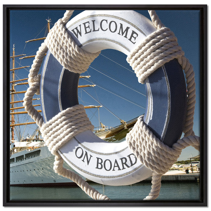 Rettungsring vor Schiff auf Leinwandbild Quadratisch gerahmt Größe 70x70