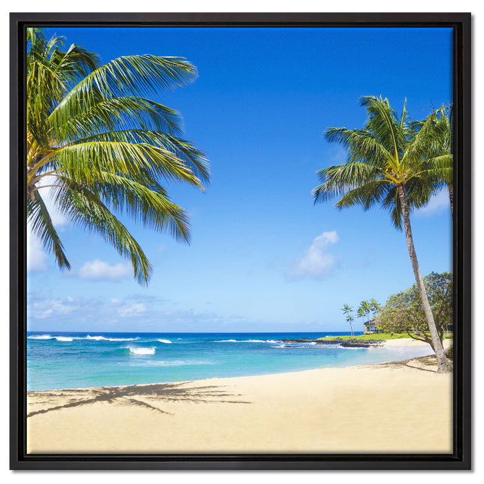 Wunderschöner Strand mit Palmen auf Leinwandbild Quadratisch gerahmt Größe 60x60