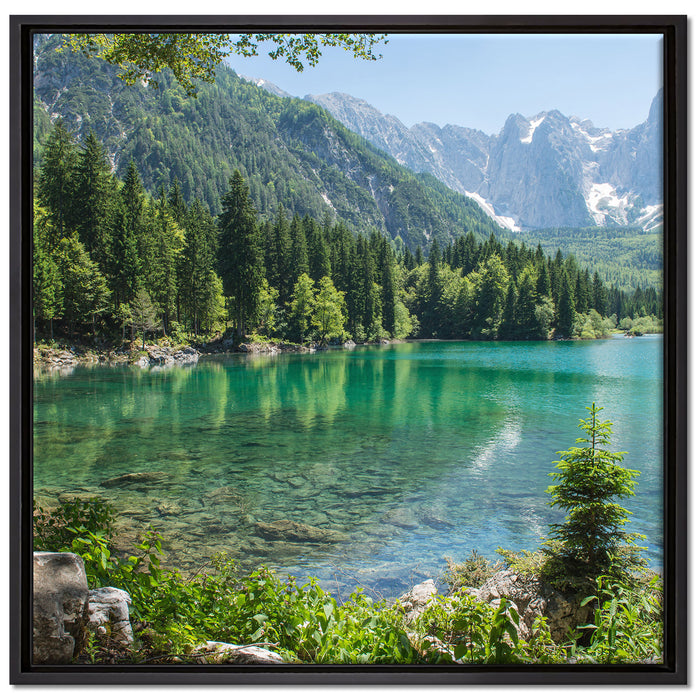 Wunderschöner See im Wald auf Leinwandbild Quadratisch gerahmt Größe 70x70