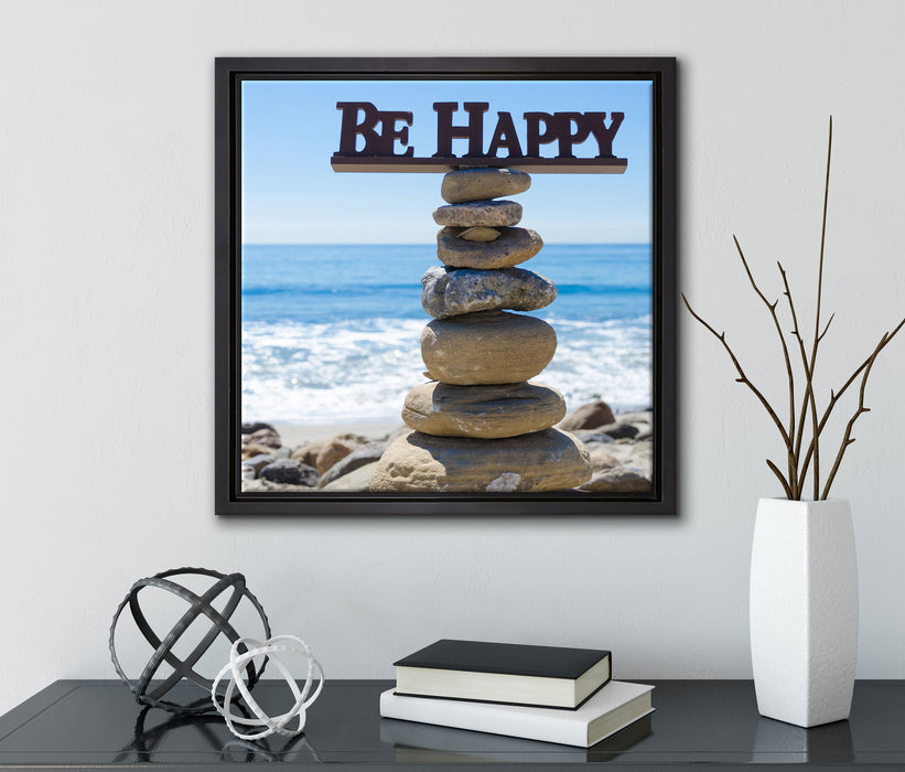 Steinturm am Strand  auf Leinwandbild Quadratisch gerahmt mit Kirschblüten