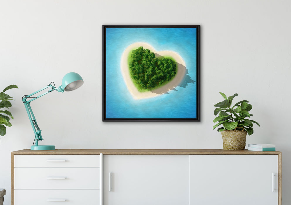 Herzförmige Insel auf Leinwandbild gerahmt Quadratisch verschiedene Größen im Wohnzimmer
