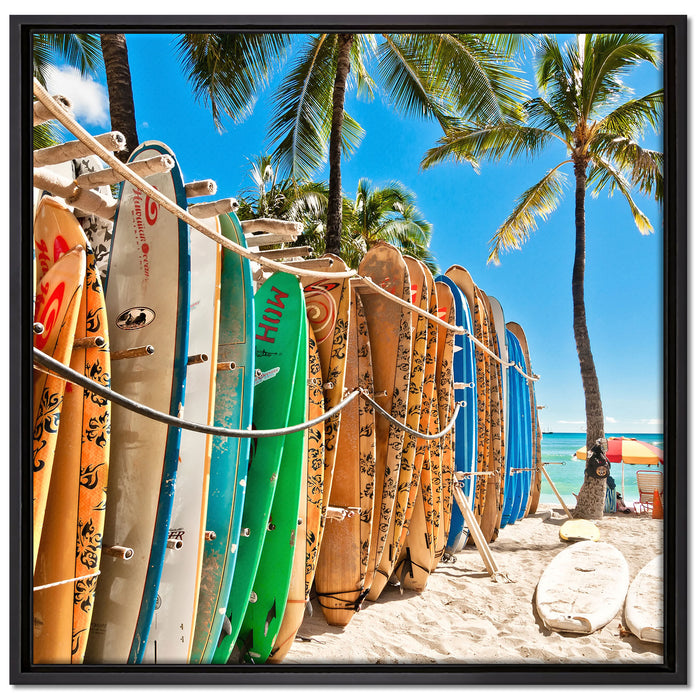 Surfboards am Strand auf Leinwandbild Quadratisch gerahmt Größe 70x70