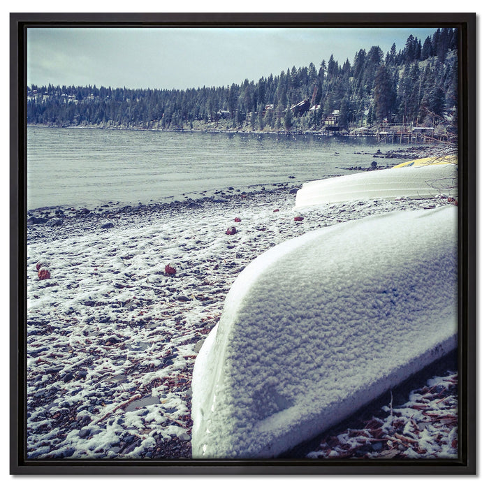 Boote im Winter auf Leinwandbild Quadratisch gerahmt Größe 60x60