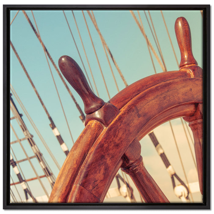 Steuerrad auf dem Schiff auf Leinwandbild Quadratisch gerahmt Größe 70x70