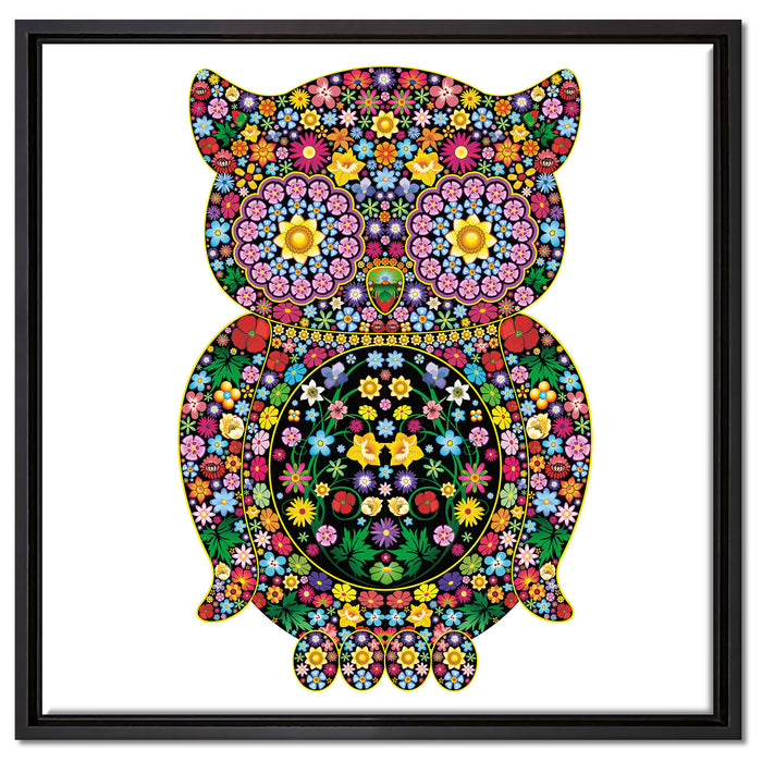 Eule aus Blumen Ornamenten auf Leinwandbild Quadratisch gerahmt Größe 60x60