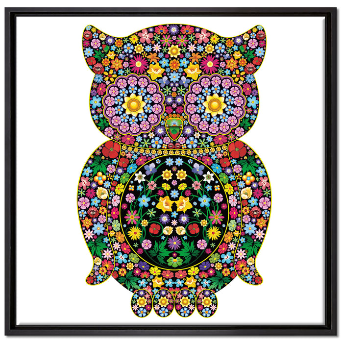 Eule aus Blumen Ornamenten auf Leinwandbild Quadratisch gerahmt Größe 70x70