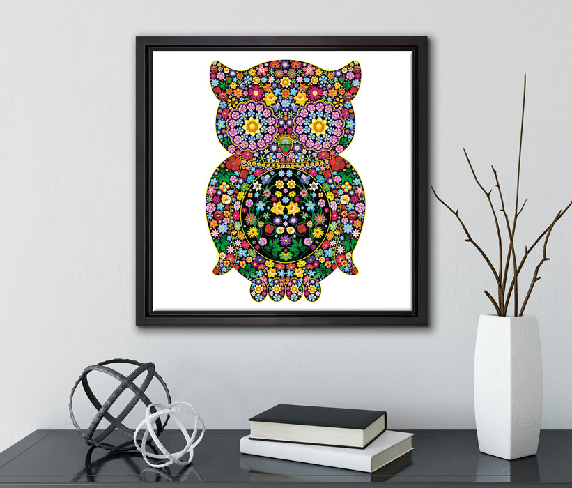 Eule aus Blumen Ornamenten  auf Leinwandbild Quadratisch gerahmt mit Kirschblüten