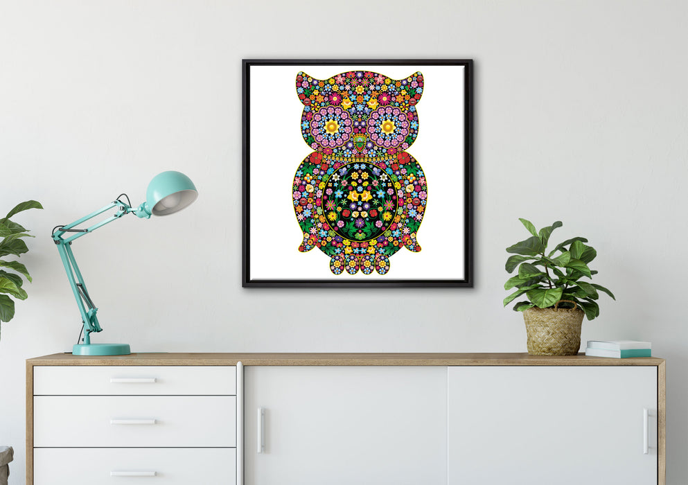 Eule aus Blumen Ornamenten auf Leinwandbild gerahmt Quadratisch verschiedene Größen im Wohnzimmer