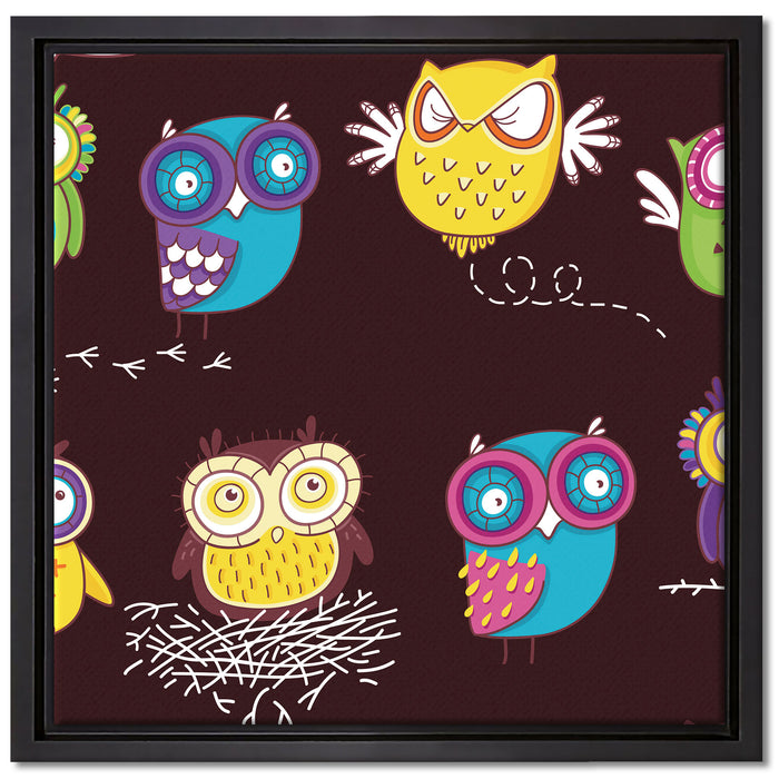Verrückte Eulen für Kinder auf Leinwandbild Quadratisch gerahmt Größe 40x40