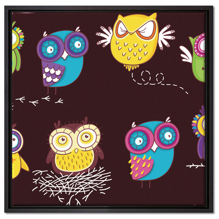 Verrückte Eulen für Kinder auf Leinwandbild Quadratisch gerahmt Größe 60x60