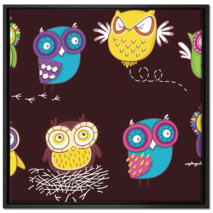 Verrückte Eulen für Kinder auf Leinwandbild Quadratisch gerahmt Größe 70x70