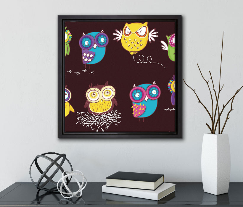 Verrückte Eulen für Kinder  auf Leinwandbild Quadratisch gerahmt mit Kirschblüten