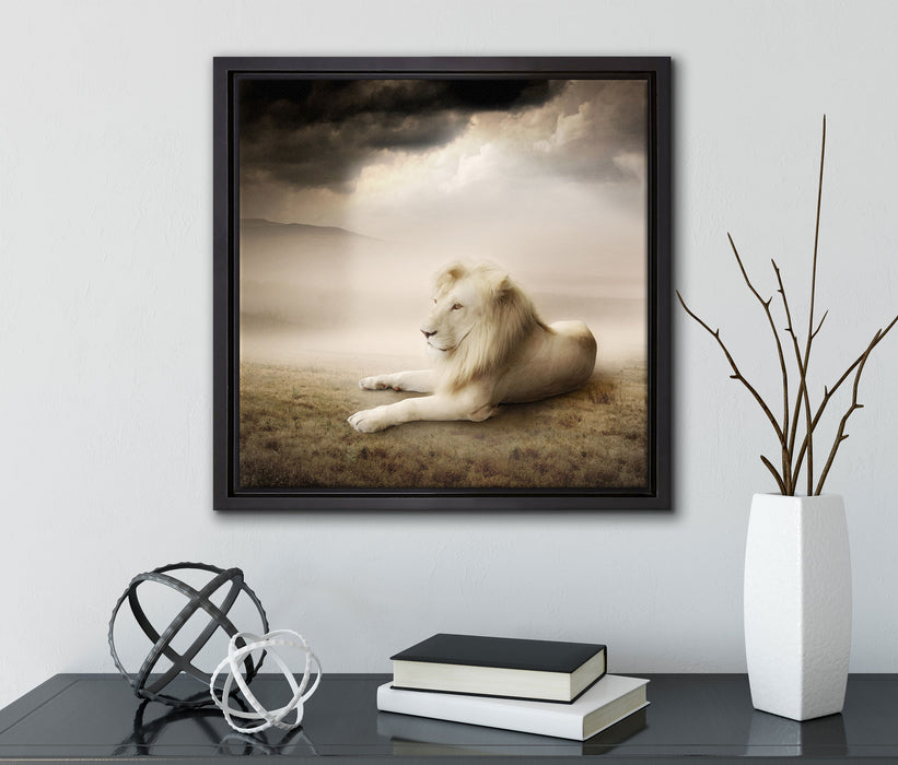 Stolzer weißer Löwenkönig  auf Leinwandbild Quadratisch gerahmt mit Kirschblüten