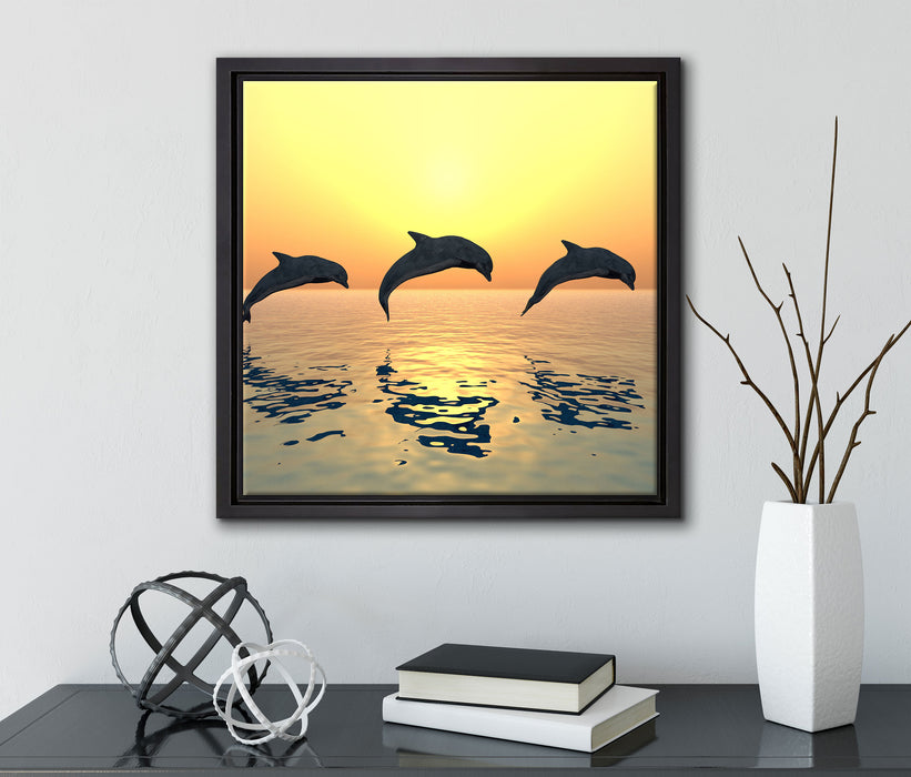 Delfine im Sonnenuntergang  auf Leinwandbild Quadratisch gerahmt mit Kirschblüten