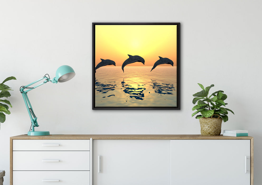 Delfine im Sonnenuntergang auf Leinwandbild gerahmt Quadratisch verschiedene Größen im Wohnzimmer