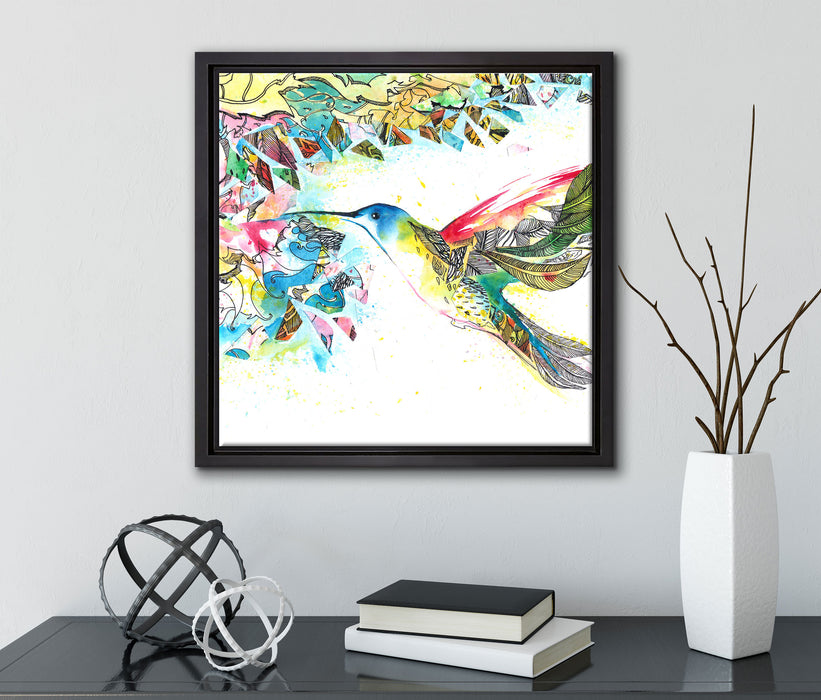 Kolibri Kunst  auf Leinwandbild Quadratisch gerahmt mit Kirschblüten