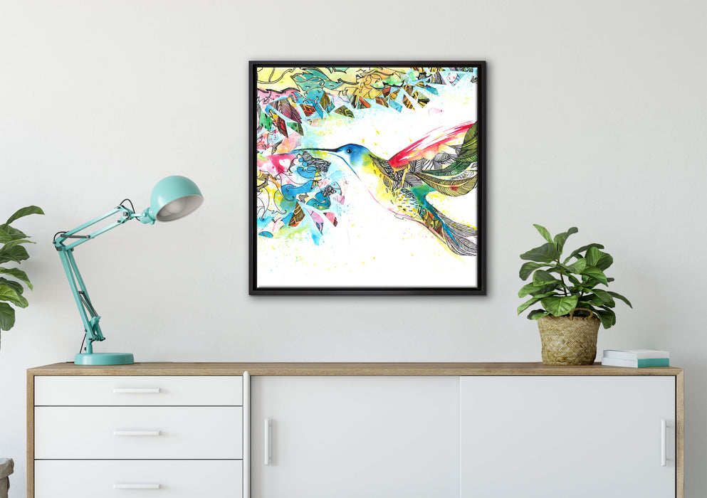 Kolibri Kunst auf Leinwandbild gerahmt Quadratisch verschiedene Größen im Wohnzimmer