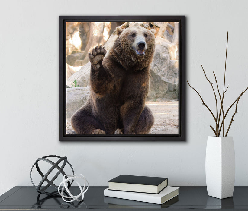 Bär sagt Hallo  auf Leinwandbild Quadratisch gerahmt mit Kirschblüten