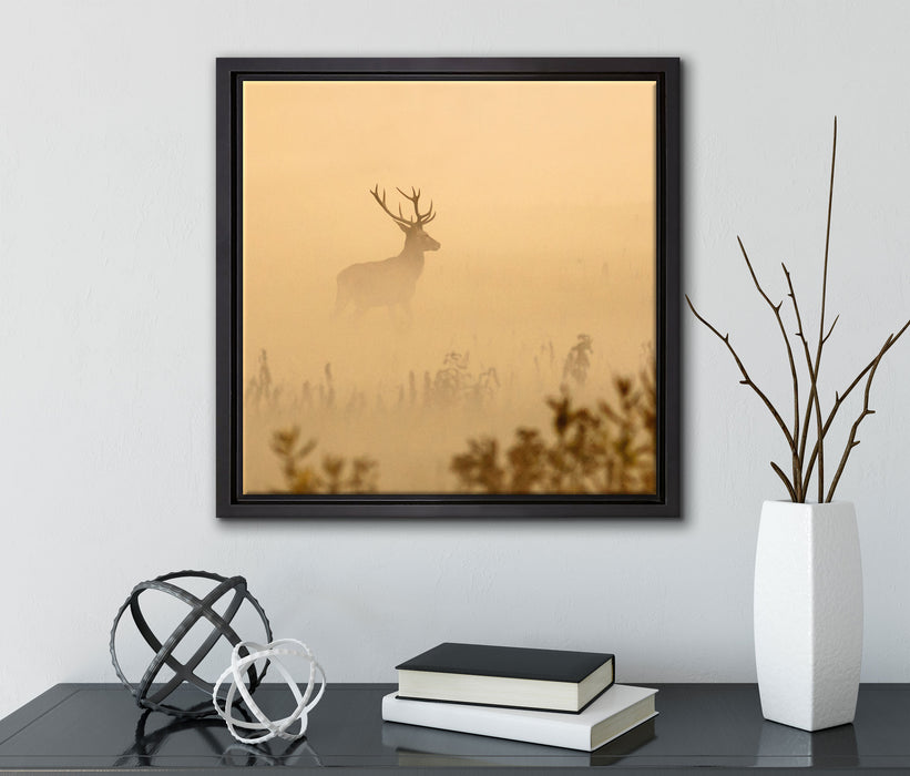 Hirsch im Nebel  auf Leinwandbild Quadratisch gerahmt mit Kirschblüten