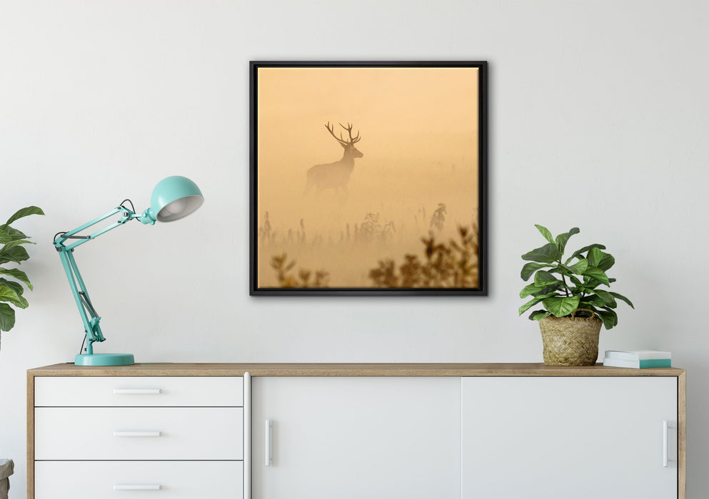 Hirsch im Nebel auf Leinwandbild gerahmt Quadratisch verschiedene Größen im Wohnzimmer