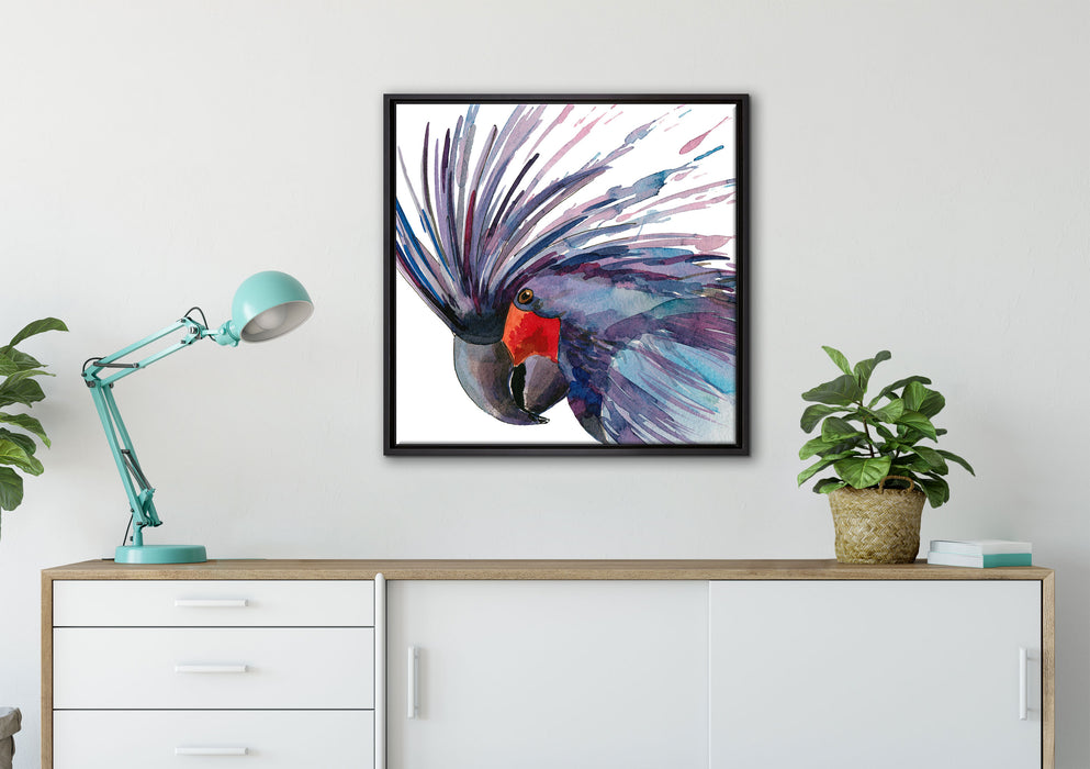 Exotischer Vogel Kunst auf Leinwandbild gerahmt Quadratisch verschiedene Größen im Wohnzimmer
