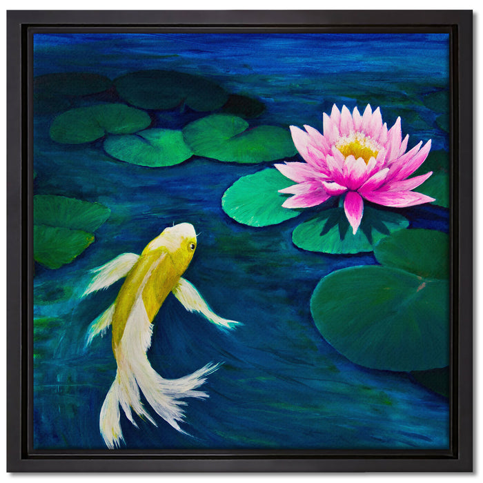 Koi mit Seerose Kunst auf Leinwandbild Quadratisch gerahmt Größe 40x40