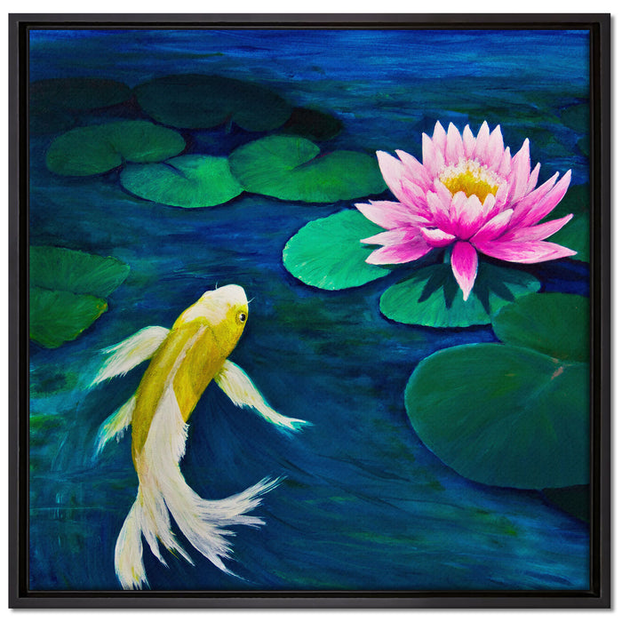 Koi mit Seerose Kunst auf Leinwandbild Quadratisch gerahmt Größe 70x70