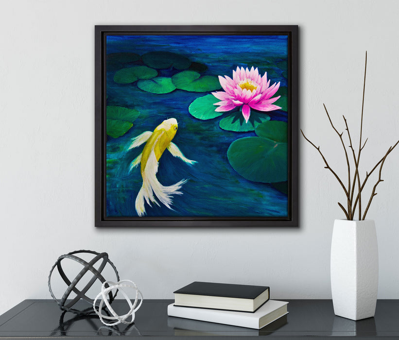 Koi mit Seerose Kunst  auf Leinwandbild Quadratisch gerahmt mit Kirschblüten